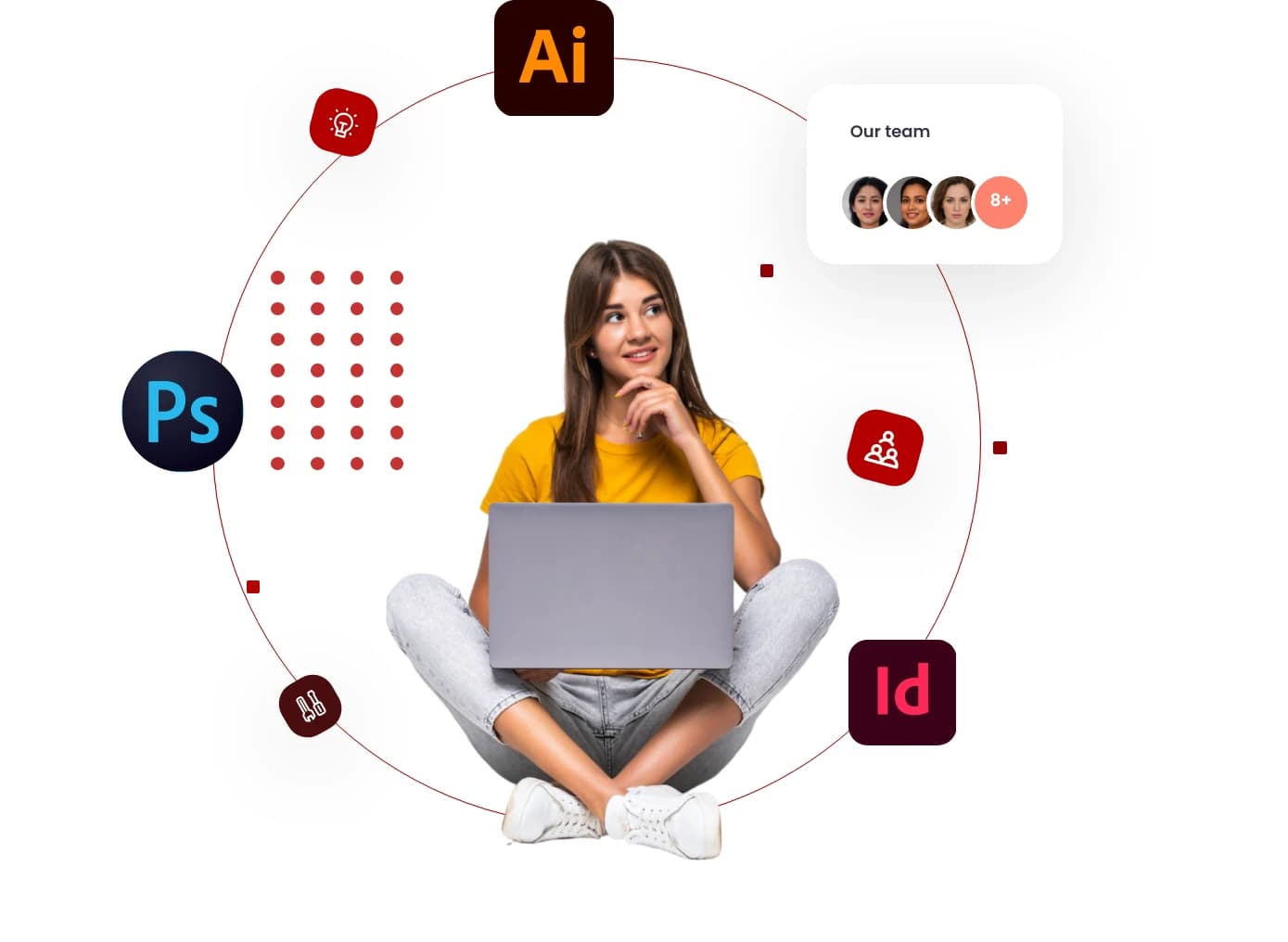 Adobe Photoshop, Illustrator, InDesign, and other industry-standard software training, typography, color theory, layout design, logo design, web design, and motion graphics.
